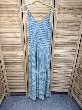 Self Contrast Striped V-Neck Maxi Dress in Light Blue & Pink Linen/Cotton Size M